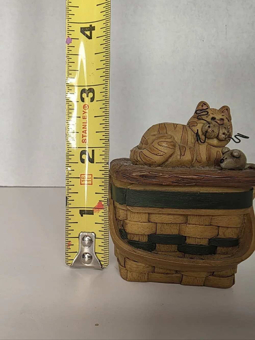 Orange Cat and Mouse on Basket Trinket Box signed Suzy